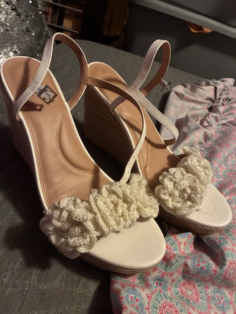 Time and Tru Cream Crochet Floral Wedge Sandals